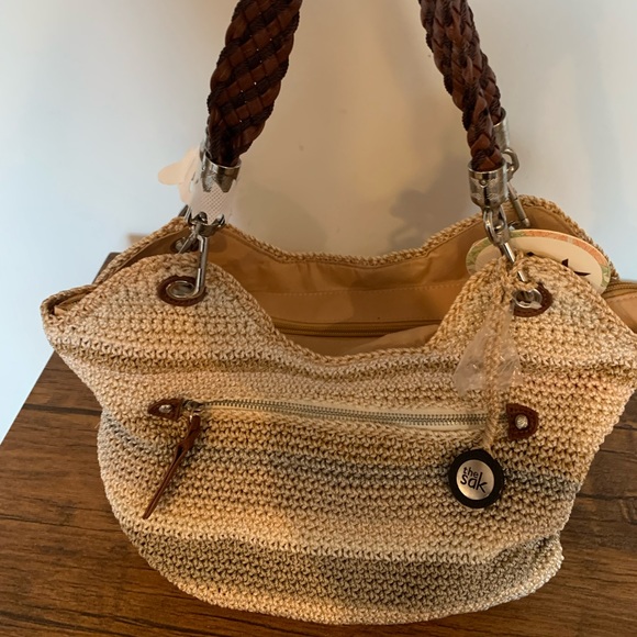 The Sak Crochet Purse Bag Braided Leather Handles Beige Grey Stripes NWT - Picture 5 of 6